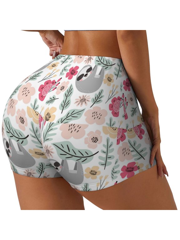 Cute Cartoon Sloth Printed Workout Shorts for Women Seamless Scrunch Butt Lifting High Waisted Yoga Gym Booty Running Moisture-wicking Short Pants-Small