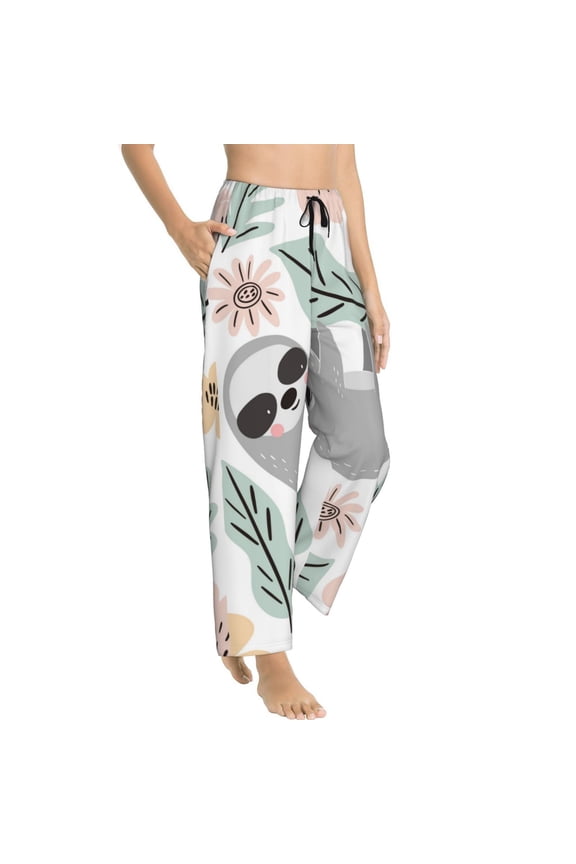 Cute Cartoon Sloth Womens Soft Woven Cotton Elastic Waistband Sleep Pajama Pant Lounge Sleep Pant With Pockets And Drawstring-Large