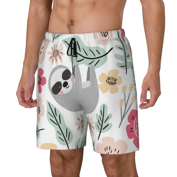 Picia Cute Cartoon Sloth pattern Mens Swim Trunks with Compression Liner Stretch Beach Shorts Quick Dry with Zipper Pockets No-Chafing Board Shorts-3X-Large