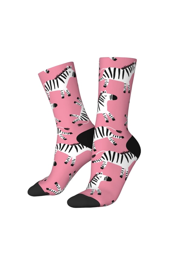 Cute Cartoon Zebra Print Athletic Socks for Men & Women – Cushioned Moisture-Wicking Crew Socks for Sports, Running, and Training, Soft & Breathable Size 5-11