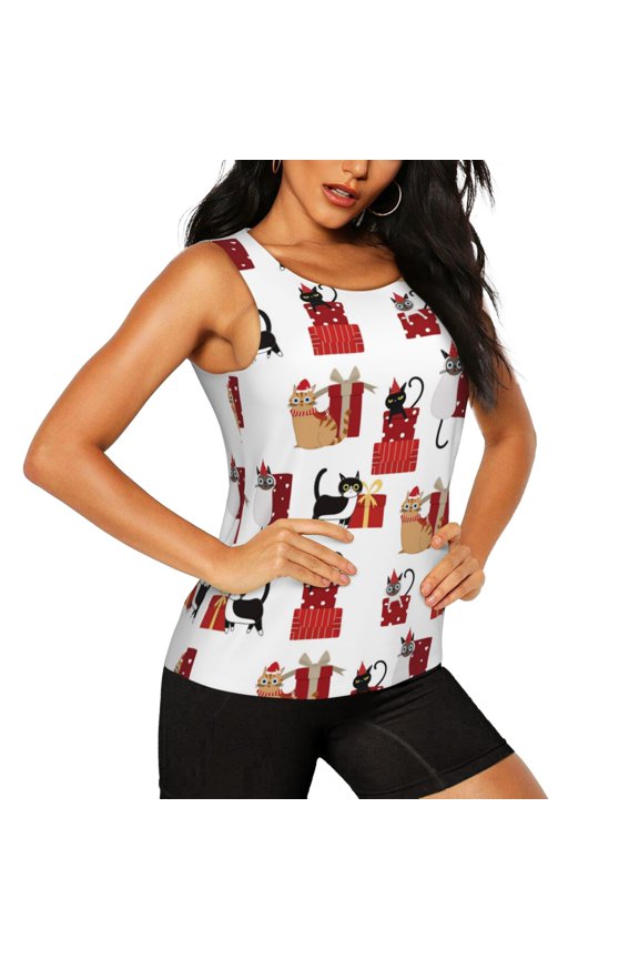 Cute Cat And Christmas Gift Pattern Women's Workout Tank Top,Breathable Activewear,Slim Fit Athletic Top,Versatile Workout Moisture-wicking top-Large