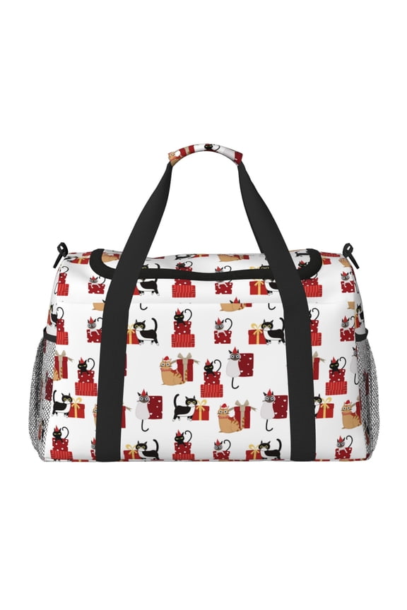 Cute Cat And Christmas Gift Print Travel Duffle Bag,Weekender Bags for Women with Shoe Compartment, Gym Duffel Bag with Wet Pocket, Hospital Bags for Labor and Delivery