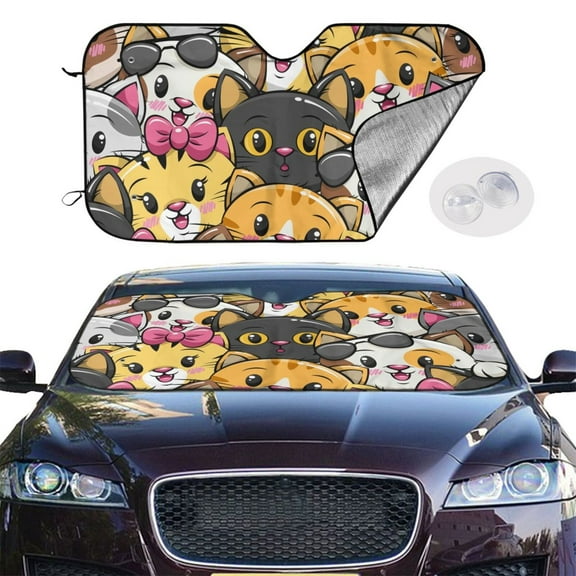 Picia Cute Cat Cartoon Curved Windshield Sunshade Accordion Folding Style Auto Shade for Car Truck SUV Van Blocks UV Ray Sun Visor Protector -Small