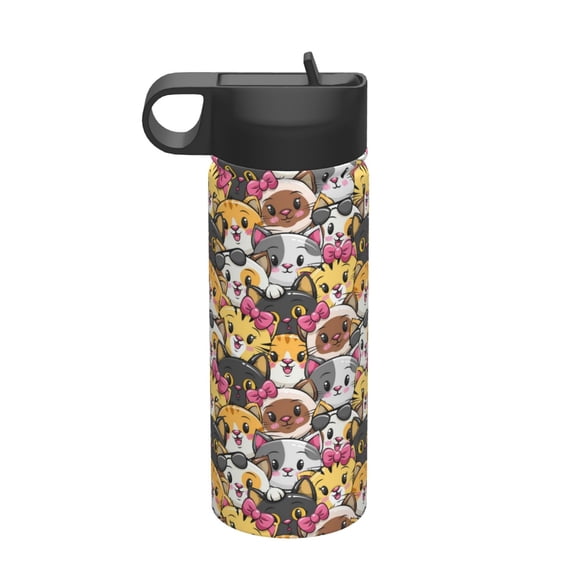 Picia Cute Cat Cartoon Pattern 18oz Sports Insulated Kettle With Straw Insulated Water Bottle For Running Hiking Cycling Climbing Men'S Woman Insulated Water Bottle