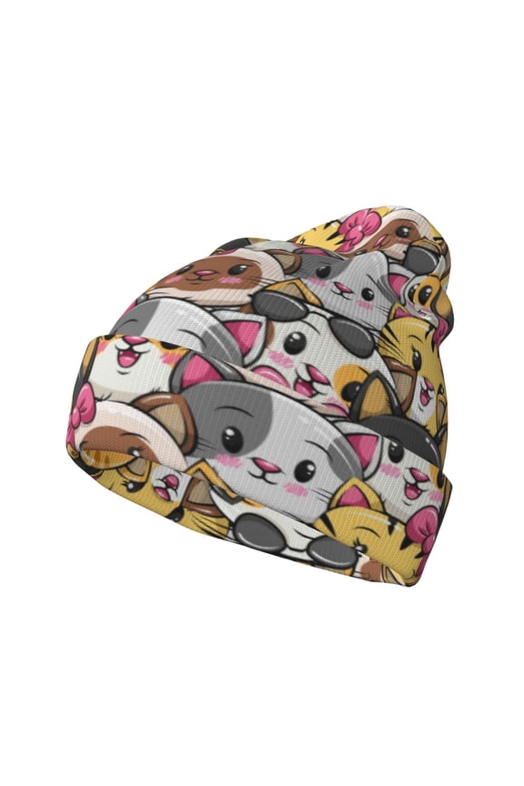 Cute Cat Cartoon Pattern Knitted Beanie Hat for Men and Women , Unisex Winter Warm Stretchy Knit Cap Thick Fisherman Beanies Cuffed Plain Skull Caps