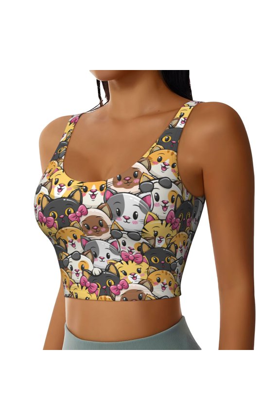 Cute Cat Sports Bra for Women,Padded Strappy Sports Bras Medium Support Yoga Bra with Removable Cups,Running Yoga Bra-Medium