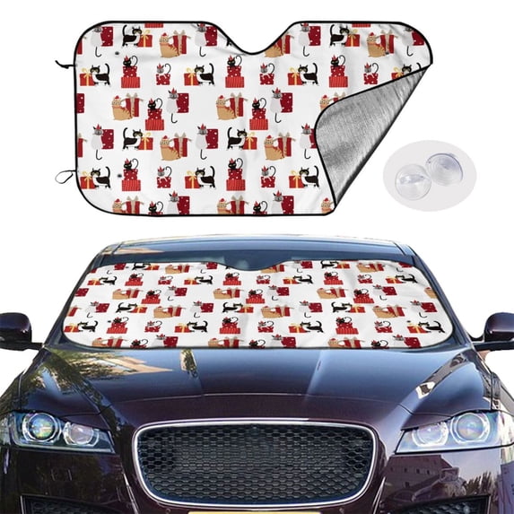 Picia Cute Cat And Christmas Gift Curved Windshield Sunshade Accordion Folding Style Auto Shade for Car Truck SUV Van Blocks UV Ray Sun Visor Protector -