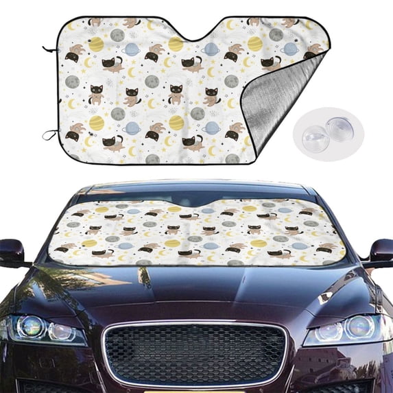 Picia Cute Cat Curved Windshield Sunshade Accordion Folding Style Auto Shade for Car Truck SUV Van Blocks UV Ray Sun Visor Protector -Medium