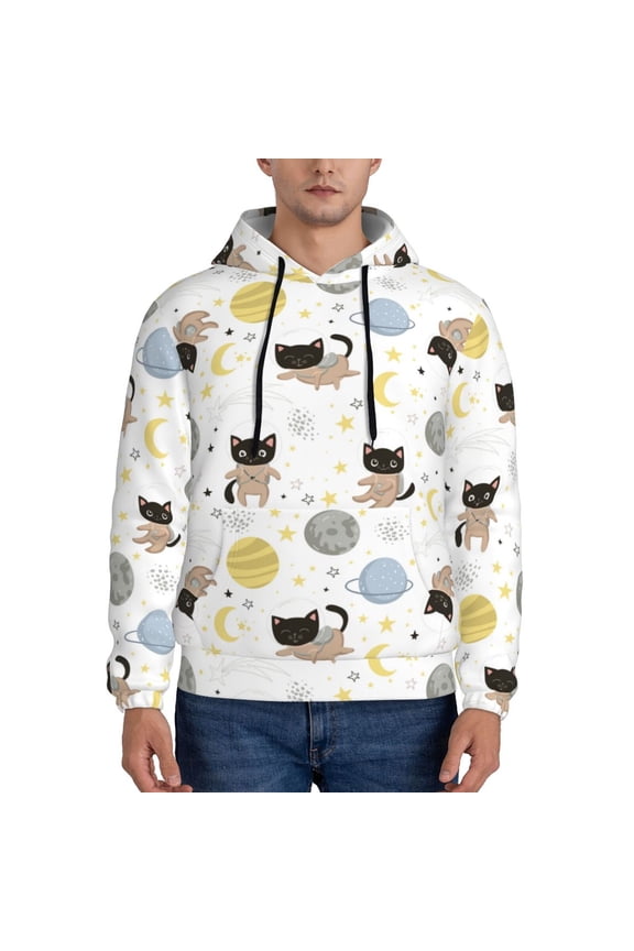 Cute Cat Pattern Casual Men's Hoodie - Lightweight Hooded Sweatshirt with Kangaroo Pocket, Comfortable Pullover for Everyday, Travel-Small