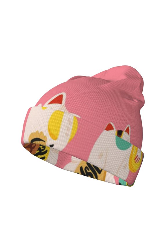 Cute Cat Pattern Knitted Beanie Hat for Men and Women , Unisex Winter Warm Stretchy Knit Cap Thick Fisherman Beanies Cuffed Plain Skull Caps