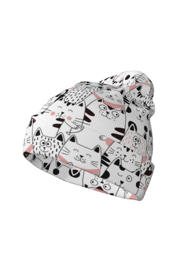 Cute Cat Pattern Knitted Beanie Hat for Men and Women , Unisex Winter Warm Stretchy Knit Cap Thick Fisherman Beanies Cuffed Plain Skull Caps