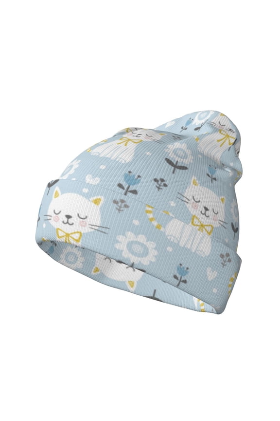 Cute Cat Pattern Knitted Beanie Hat for Men and Women , Unisex Winter Warm Stretchy Knit Cap Thick Fisherman Beanies Cuffed Plain Skull Caps