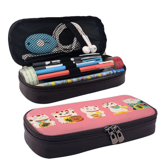 Picia Cute Cat Pattern Large Capacity PU Leather Pencil Case Organizer Pen Marker Holder Double Zipper Storage Bag Big Pencil Pouch for College Office