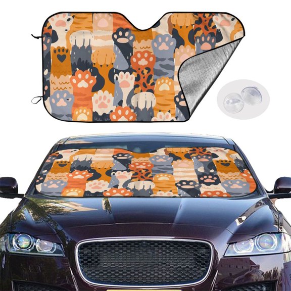 Picia Cute Cat Paw Curved Windshield Sunshade Accordion Folding Style Auto Shade for Car Truck SUV Van Blocks UV Ray Sun Visor Protector -Small