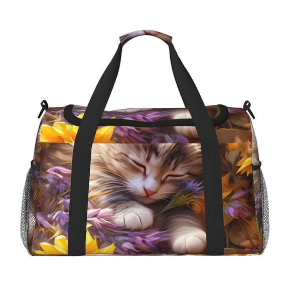 Picia Cute Cat Sunflower Print Travel Duffle Bag,Weekender Bags for Women with Shoe Compartment, Gym Duffel Bag with Wet Pocket, Hospital Bags for Labor and Delivery