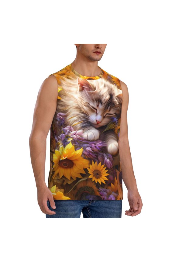 Cute Cat Sunflower mens Cotton Tank Undershirts , Moisture-wicking Ribbed Tanks, Lightweight Cotton Tank Undershirts-XX-Large