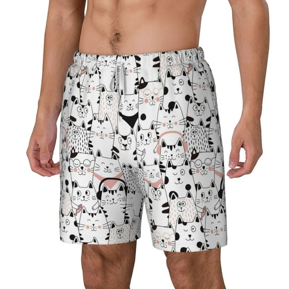 Picia Cute Cat pattern Mens Swim Trunks with Compression Liner Stretch Beach Shorts Quick Dry with Zipper Pockets No-Chafing Board Shorts-Large