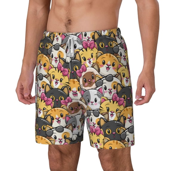 Picia Cute Cat pattern Mens Swim Trunks with Compression Liner Stretch Beach Shorts Quick Dry with Zipper Pockets No-Chafing Board Shorts-Small