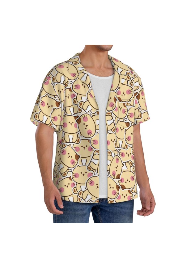 Cute Cats 4 Men's Linen Shirts Short Sleeve Cuban Beach Shirts Casual Shirts Button Down Shirt for Men Beach Summer Wedding Shirt-Small