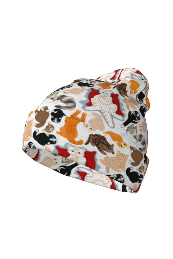 Cute Cats Pattern Knitted Beanie Hat for Men and Women , Unisex Winter Warm Stretchy Knit Cap Thick Fisherman Beanies Cuffed Plain Skull Caps