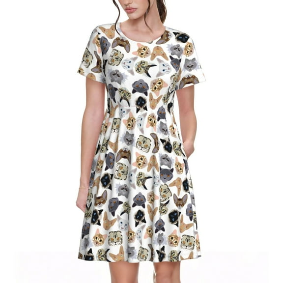 Picia Cute Cats Pattern Women's Short Sleeve Summer Dress Pleated Loose Swing Knee Length Short Sleeve Swing Dresses
