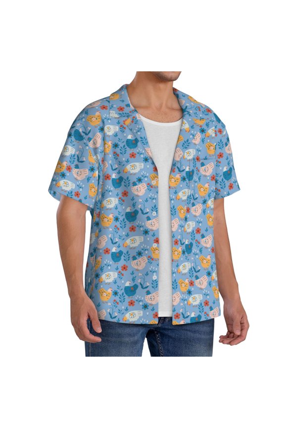 Cute Chickens and Flowers Men's Linen Shirts Short Sleeve Cuban Beach Shirts Casual Shirts Button Down Shirt for Men Beach Summer Wedding Shirt-Large