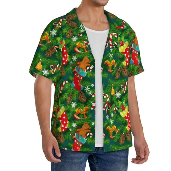 Picia Cute Christmas Stocking Bear Men's Linen Shirts Short Sleeve Cuban Beach Shirts Casual Shirts Button Down Shirt for Men Beach Summer Wedding Shirt-3X-Large