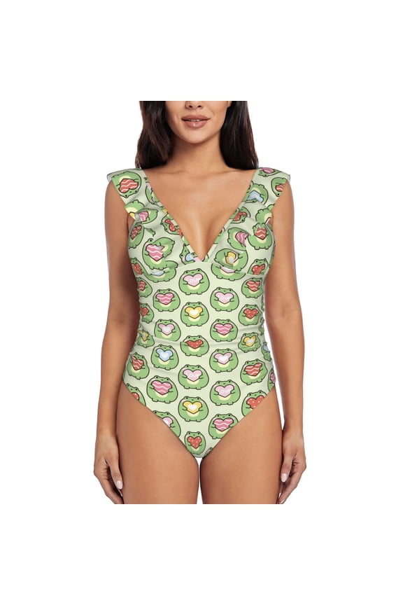 Cute Chubby Frog Blooming Jelly Womens Tummy Control Bathing Suits Slimming Ruffle Swimsuit One Piece Lace Swimwear-