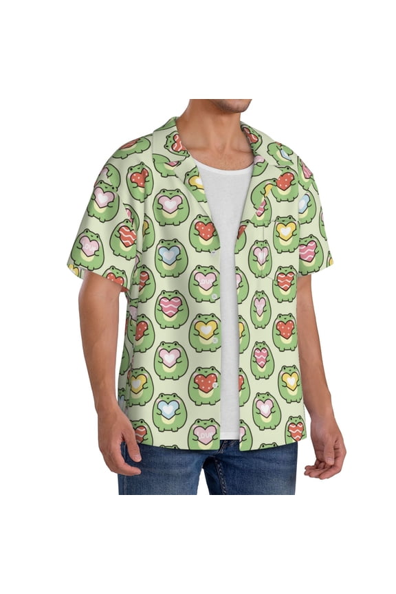 Cute Chubby Frog Men's Linen Shirts Short Sleeve Cuban Beach Shirts Casual Shirts Button Down Shirt for Men Beach Summer Wedding Shirt-Medium