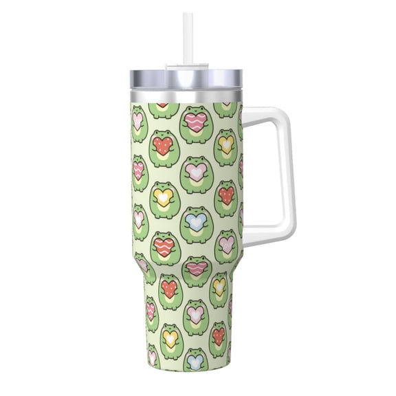 Picia Cute Chubby Frog Pattern 40oz Ice Bully Insulated Tumbler with Handle, Double-Wall Stainless Steel Cup, Leak-Proof Lid and Straw