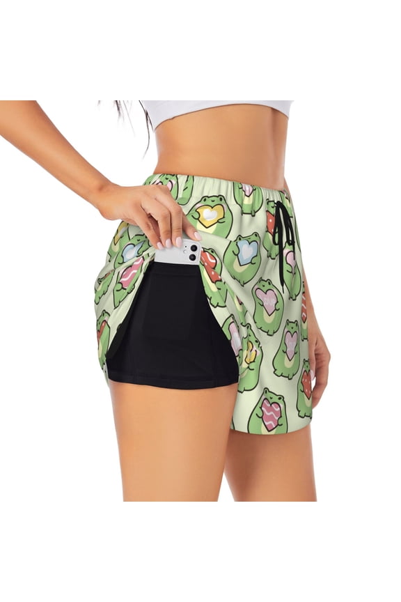 Cute Chubby Frog Pattern Women's 2 in 1 Athletic Running Shorts High Waisted Workout Casual Gym Sweat Shorts with Comfy Liner Zipper Pockets-
