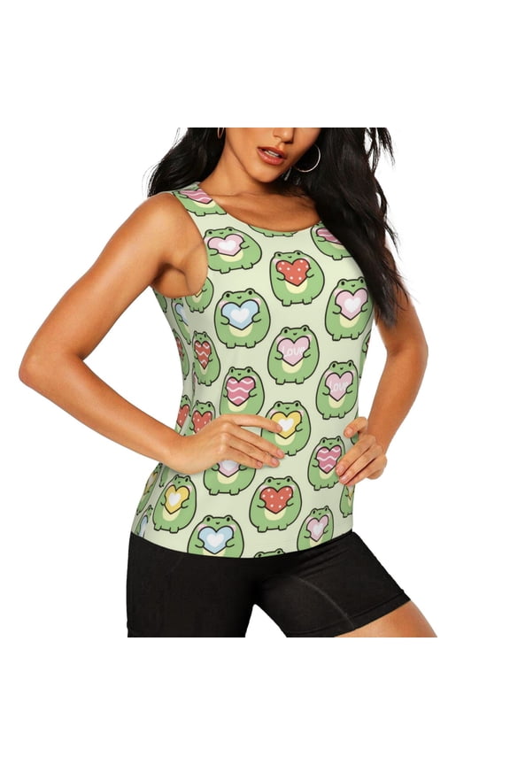 Cute Chubby Frog Pattern Women's Workout Tank Top,Breathable Activewear,Slim Fit Athletic Top,Versatile Workout Moisture-wicking top-Medium