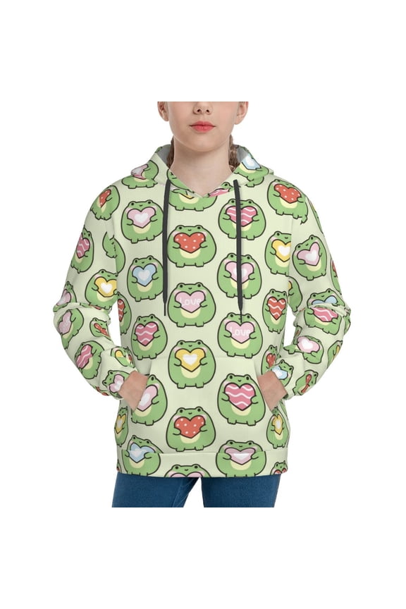 Cute Chubby Frog Pattern Youth Hoodie - Warm Pullover Sweatshirt with Kangaroo Pocket, Ideal for Boys and Girls-Large