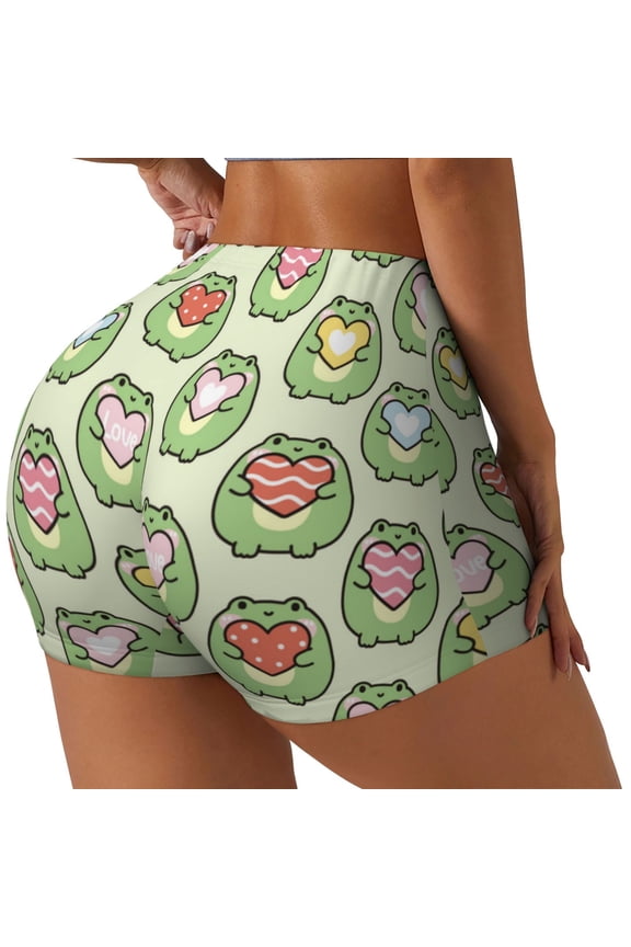 Cute Chubby Frog Printed Workout Shorts for Women Seamless Scrunch Butt Lifting High Waisted Yoga Gym Booty Running Moisture-wicking Short Pants-Medium