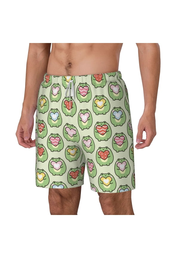 Cute Chubby Frog pattern Mens Swim Trunks with Compression Liner Stretch Beach Shorts Quick Dry with Zipper Pockets No-Chafing Board Shorts-3X-Large