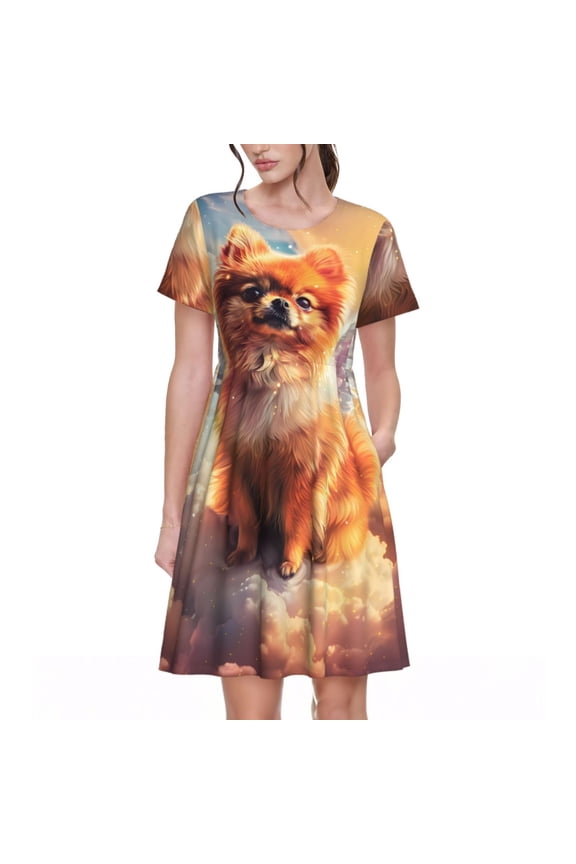 Cute Cloud Pomeranian Pattern Women's Short Sleeve Summer Dress Pleated Loose Swing Knee Length Short Sleeve Swing Dresses