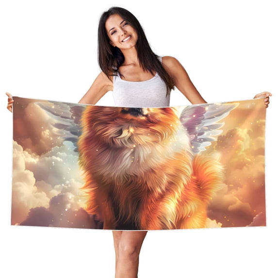 Picia Cute Cloud Pomeranian Print Silver Fox Velvet Beach Towel,Quick-Dry Beach Towel,Lightweight Travel Towel,Portable Beach Towels