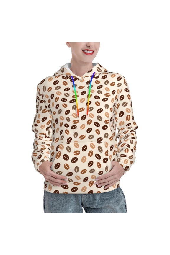 Cute Coffee Bean Print Pattern Casual Women's Hoodie, Hooded Sweatshirt with Kangaroo Pocket, Comfortable Pullover with Eye-catching Drawstrings-Large
