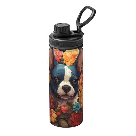 Picia Cute Colorful Flower French Bulldog Pattern Water Bottle 18 oz Stainless Steel Insulated Bottles With Handle Leak Proof Gym Sport Water Jug BPA-free insulated kettle For Men Women Adults