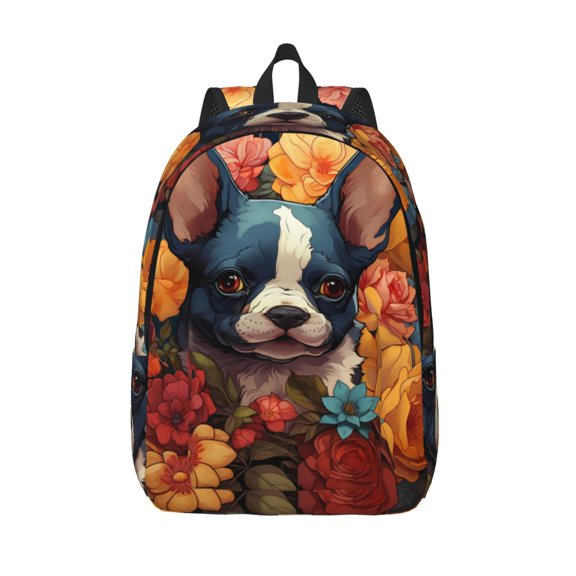 Picia Cute Colorful Flower French Bulldog Printed Canvas Daypack - Stylish and Durable Vintage Compact Backpack - Class, Work, Travel, or Laptop Bookbag,Organized Compartments-Medium