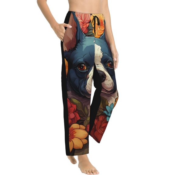 Picia Cute Colorful Flower French Bulldog Womens Soft Woven Cotton Elastic Waistband Sleep Pajama Pant Lounge Sleep Pant With Pockets And Drawstring-Small