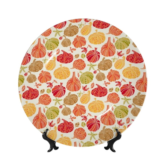 Picia Cute Colorful Pumpkins Pattern Bone China Decorative Plate – Wall Decor with Stand and Adhesive, Elegant Ornament for Living Room, Office, or Entryway-8in