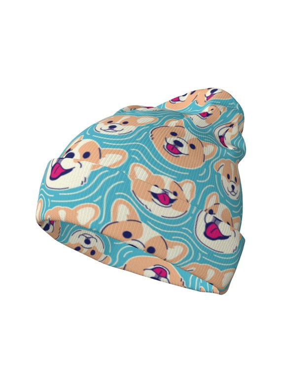 Cute Corgi Head Pattern Knitted Beanie Hat for Men and Women , Unisex Winter Warm Stretchy Knit Cap Thick Fisherman Beanies Cuffed Plain Skull Caps