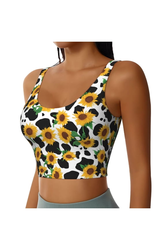 Cute Cow Print Sunflower C Sports Bra for Women,Padded Strappy Sports Bras Medium Support Yoga Bra with Removable Cups,Running Yoga Bra-X-Large