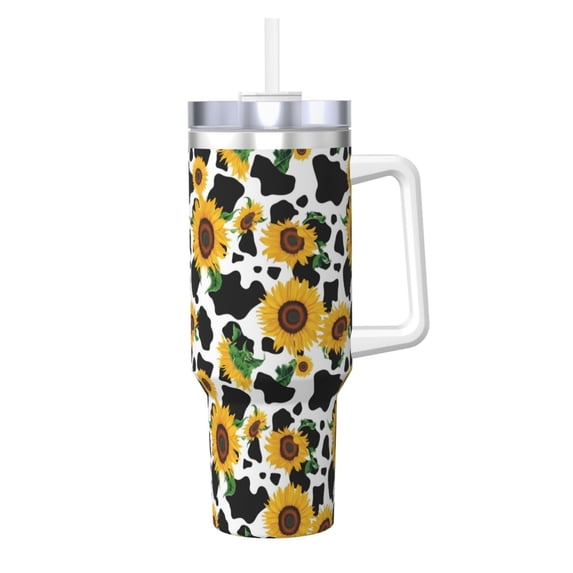 Picia Cute Cow Print Sunflower D Pattern 40oz Ice Bully Insulated Tumbler with Handle, Double-Wall Stainless Steel Cup, Leak-Proof Lid and Straw