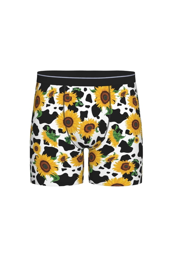 Cute Cow Print Sunflower D Pattern Men's Athletic Long Leg Briefs , Performance Stretch Underwear,Moisture-Wicking