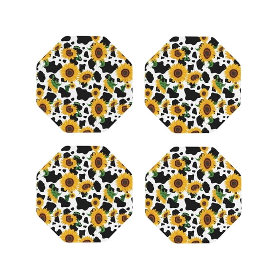 Picia Cute Cow Print Sunflower D Printed Leather Coasters for Drinks, 4" Drink Coasters Set of 4 for Tabletop Protection, Handmade Luxurious Home Décor and Housewarming Gift -Octagon