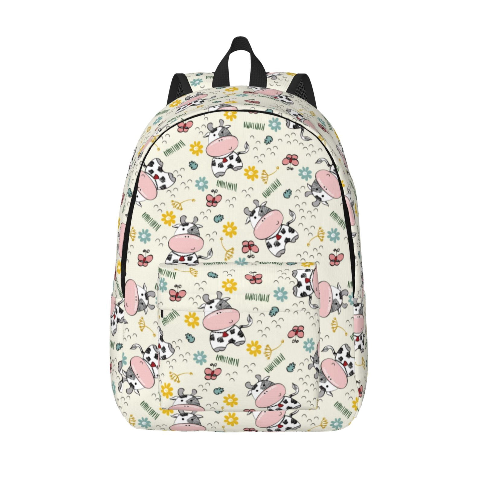 Picia Cute Cow Printed Canvas Daypack - Stylish and Durable Vintage Compact Backpack - Class, Work, Travel, or Laptop Bookbag,Organized Compartments-Small