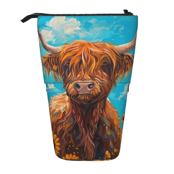 Picia Cute Cow Sunflowers Art Print Telescopic Pencil Case, Telescopic Pen Holder Telescopic Pencil Pouch Bag Stationery Pencil Case Box Storage Organizer Makeup Bag