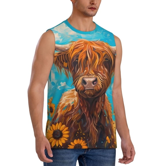 Picia Cute Cow Sunflowers Art mens Cotton Tank Undershirts , Moisture-wicking Ribbed Tanks, Lightweight Cotton Tank Undershirts-XX-Large